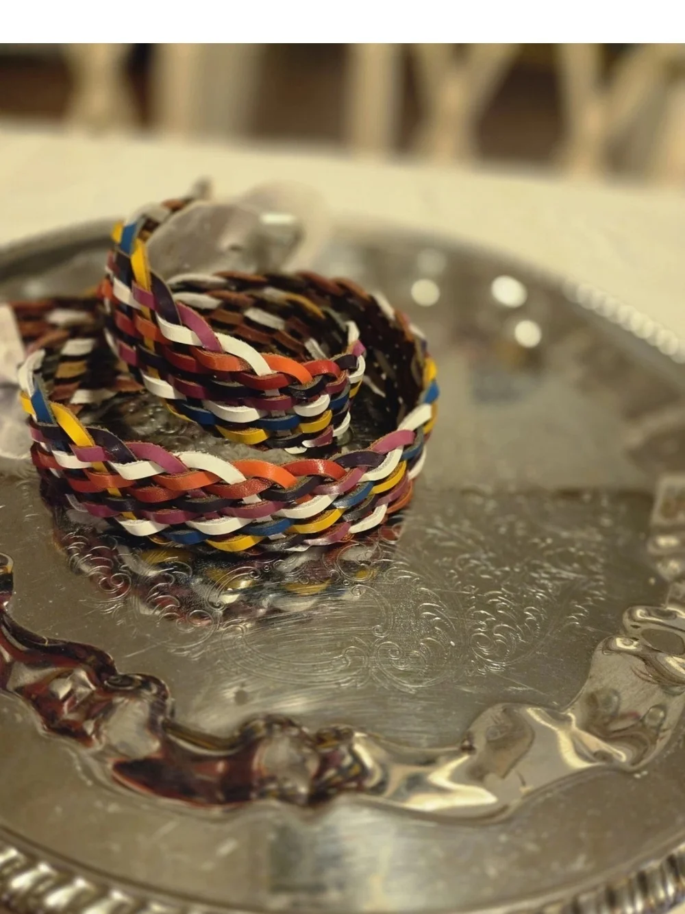 Woven Multicolor Leather Belt with White Buckle